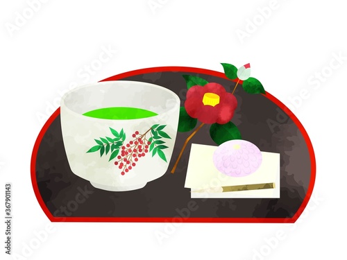 日本の伝統文化　抹茶と和菓子のセット　水彩風のイラスト
