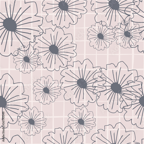 Geometric botanical seamless pattern with outline daisy flowers. Pastel pink background.