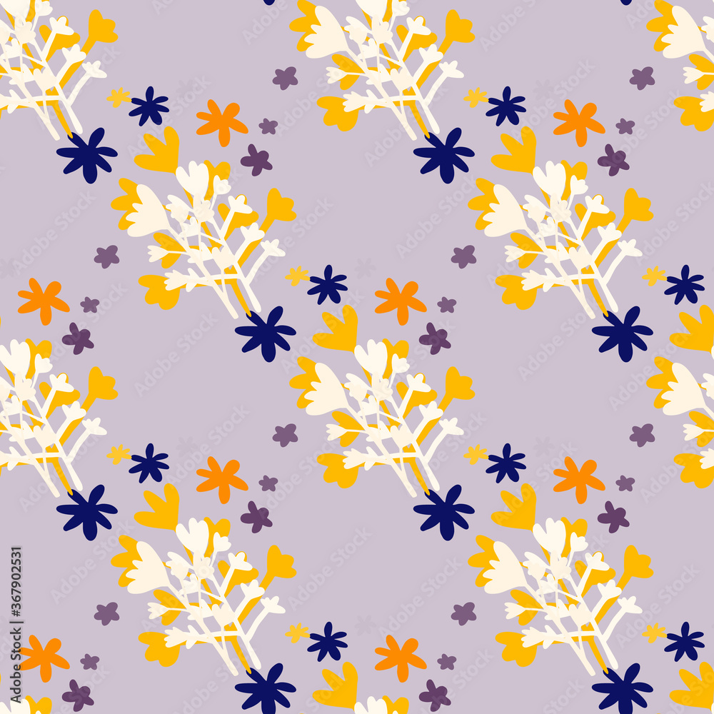 Bright spring seamless pattern with orange and white floral silhouettes and purple daisy flowers. Pastel background.
