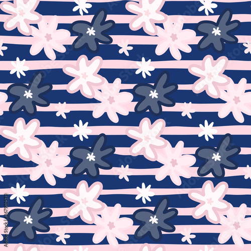 White and blue botanic daisy elements seamless pattern. Pastel pink background with navy blue strips.