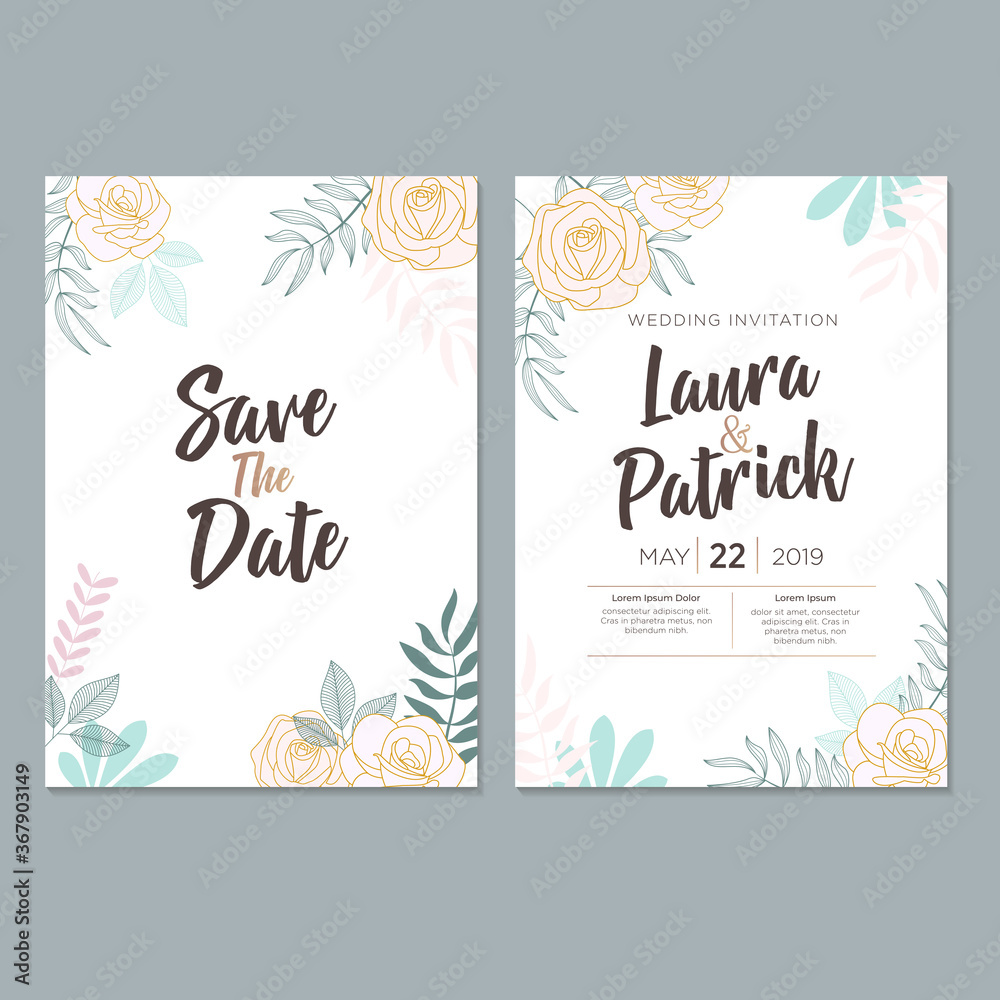 Wedding Invitation Card template, with leaf & floral background	
