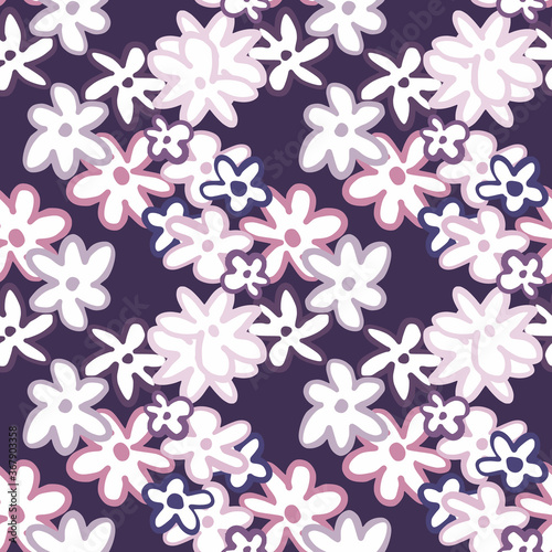 Bright contrast floral seamless pattern with abstract flowers. Dark background with white silhouettes and multicolor contours.