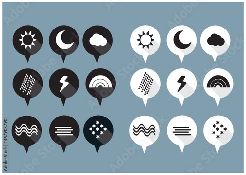 set of white and black weather pin bubbles.