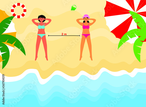 Social distancing on the beach flat design
