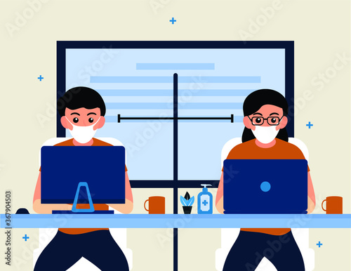 People keep distance in the workplace Office flat design