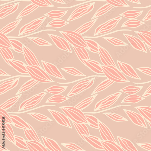 Spring seamless doodle pattern with outline foliage elements in pink rozy tones. Stylized creative artwork. photo