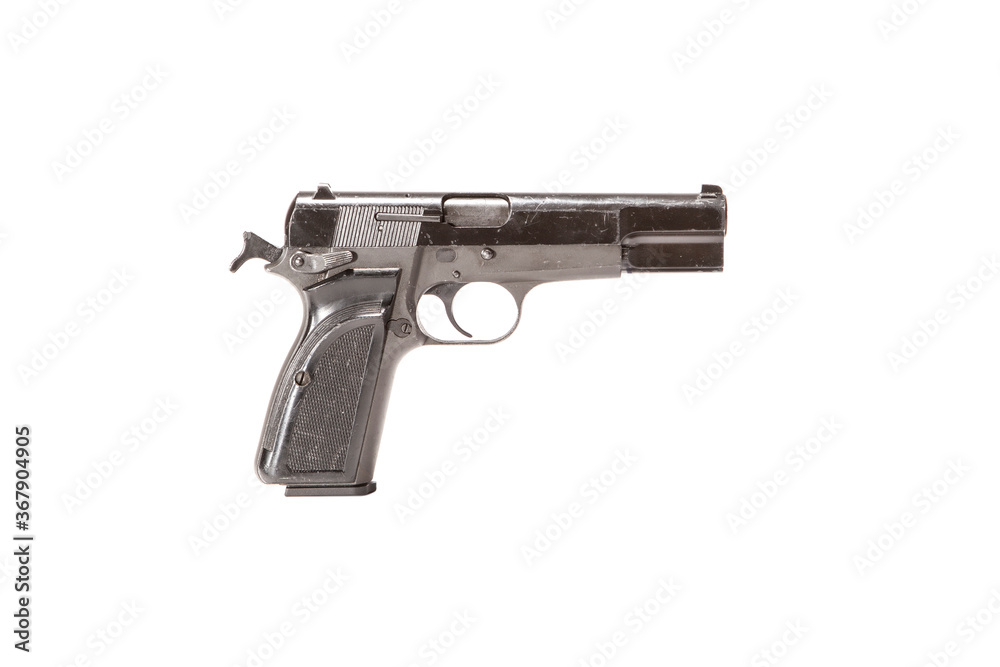 9mm pistol with hammer back, ready to fire on a white background.