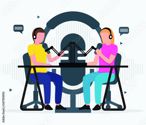 People talking and recording padcast flat design
