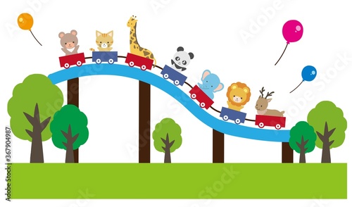 Illustration set of cute animals playing in the amusement park