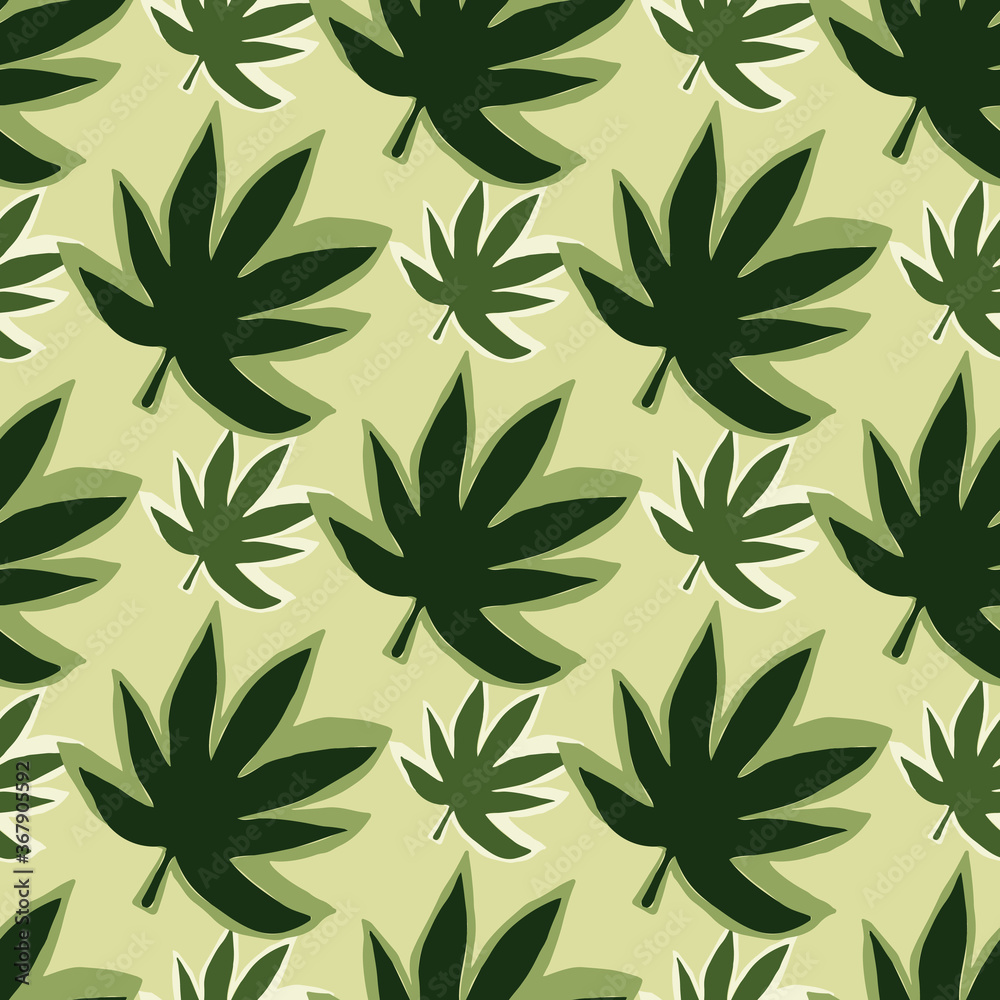 Seamless pattern with endless cannabis leaves on pastel yellow background.