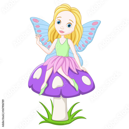 Cartoon fairy sitting on a mushroom 