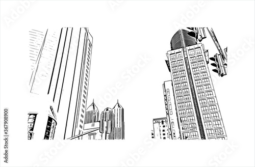 Building view with landmark of Abu Dhabi, the capital of the United Arab Emirates. Hand drawn sketch illustration in vector.