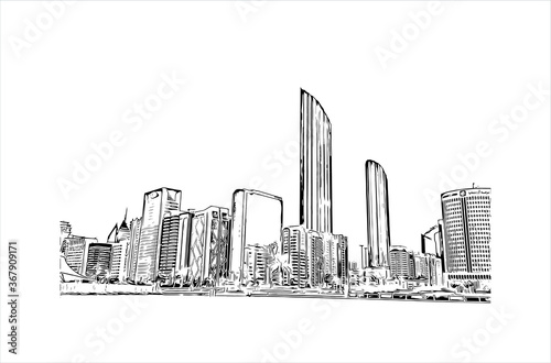 Building view with landmark of Abu Dhabi, the capital of the United Arab Emirates. Hand drawn sketch illustration in vector.
