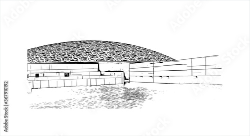 Building view with landmark of Abu Dhabi, the capital of the United Arab Emirates. Hand drawn sketch illustration in vector.
