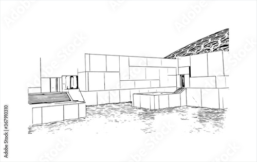Building view with landmark of Abu Dhabi, the capital of the United Arab Emirates. Hand drawn sketch illustration in vector.