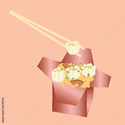 dumplings with rice in takeaway box