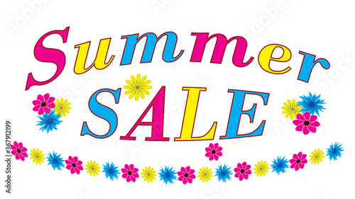 Summer sale banner, floral decor and lettering isolated on white background, flat design, vector illustration.