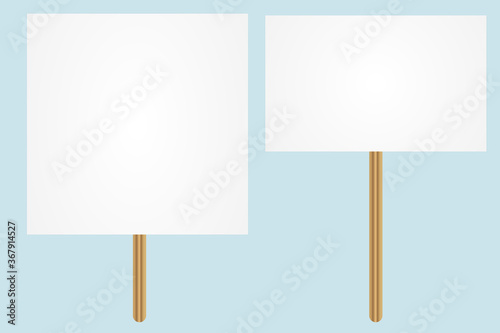 Sign for protest and picket. Blank banner or poster. Flat white board on a stick. Vector image. Stock photo.