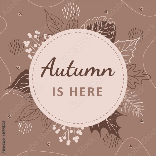 Autumn background with abstract elements, geometric shapes, plants and leaves in one line style. For mobile app page, web design, invitations, postcards. Vector minimalistic illustration.