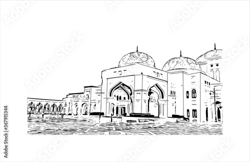 Building view with landmark of Abu Dhabi, the capital of the United Arab Emirates. Hand drawn sketch illustration in vector.