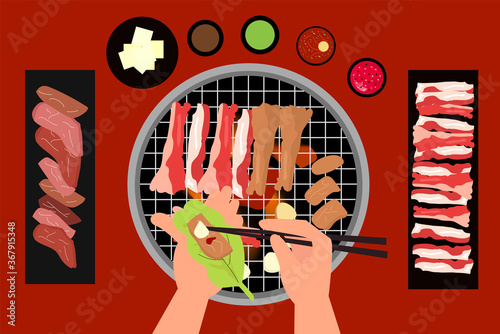 illustration of the appearance of Korean food. illustration of bbq and other popular korean food. The best view of Korean food. Put fried chicken or barbecue wings sprinkled with chili sauce and leeks