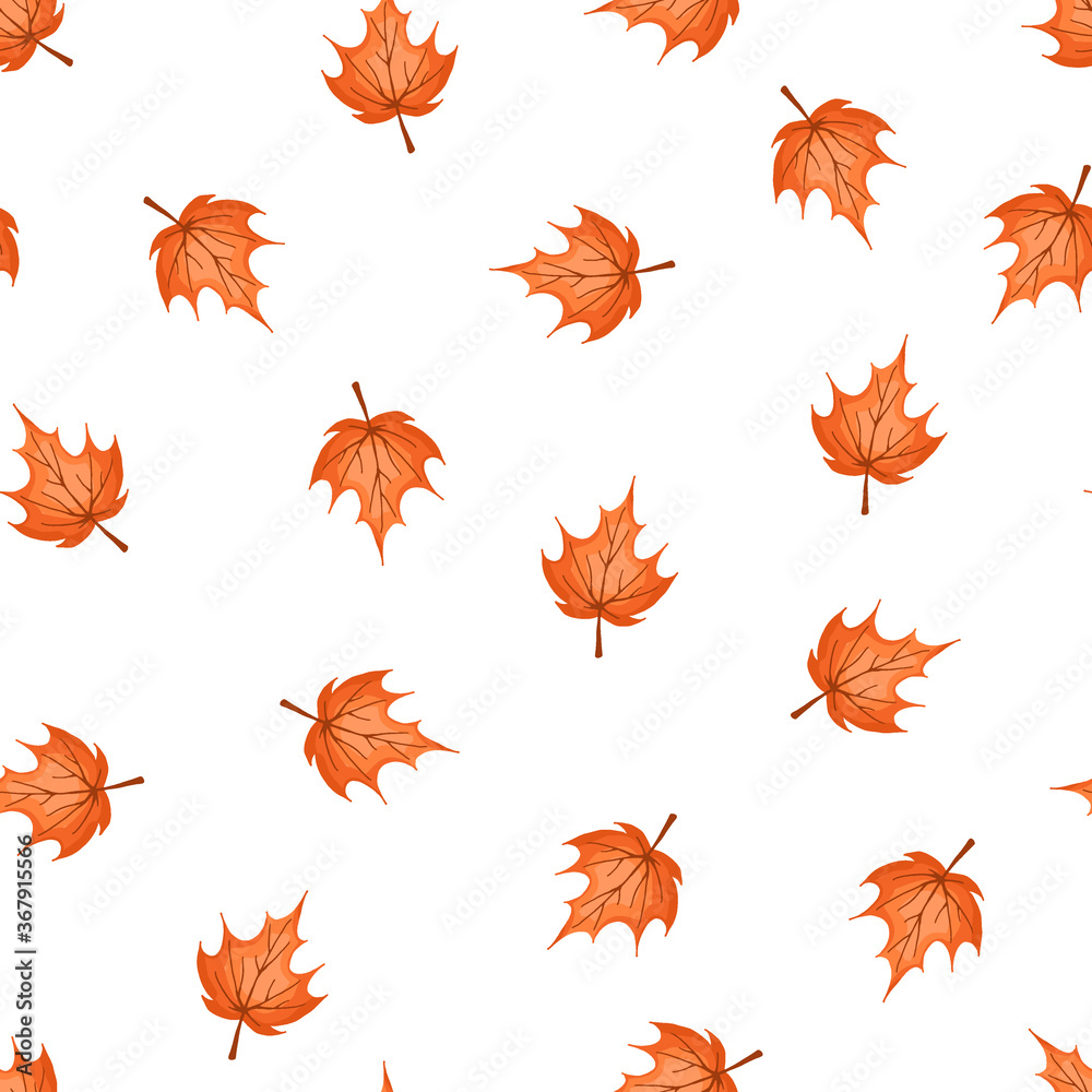 Autumn leaves. Seamless Pattern of yellow orange maple leaves on white background. Wrapping paper, textile template. Vector illustration in flat style.