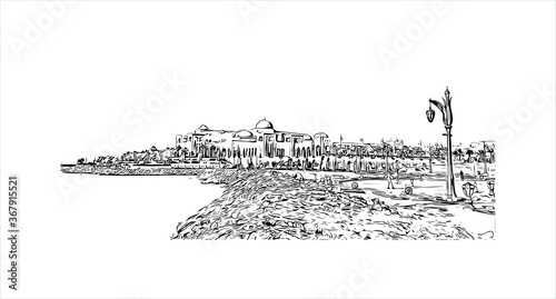 Building view with landmark of Abu Dhabi, the capital of the United Arab Emirates. Hand drawn sketch illustration in vector.