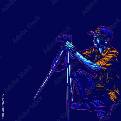 Male photographer take photo line pop art potrait logo colorful design with dark background. Abstract vector illustration. 