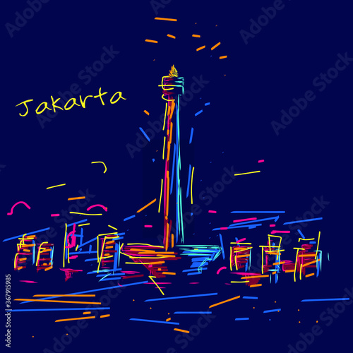 Jakarta (Indonesia) city line pop art potrait logo colorful design with dark background. Abstract vector illustration. Isolated black background for t-shirt, poster, clothing, merch.