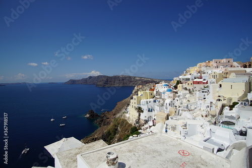 The landscape with beautiful buildings houses in santorini island in Oia  Greece  Europe