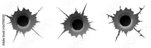 Bullet hole on white background. Set of realisic metal bullet hole, damage effect. Vector illustration.