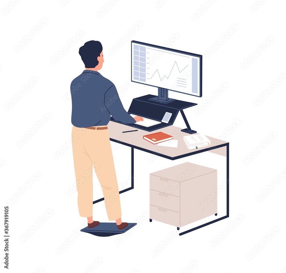 Male employee behind ergonomic furniture working on computer vector flat illustration. Man standing on footrest looking to monitor at contemporary workstation isolated. Staff at modern regulate table Male employee behind ergonomic furniture working on computer vector flat illustration. Man standing on footrest looking to monitor at contemporary workstation isolated. Staff at modern regulate table
