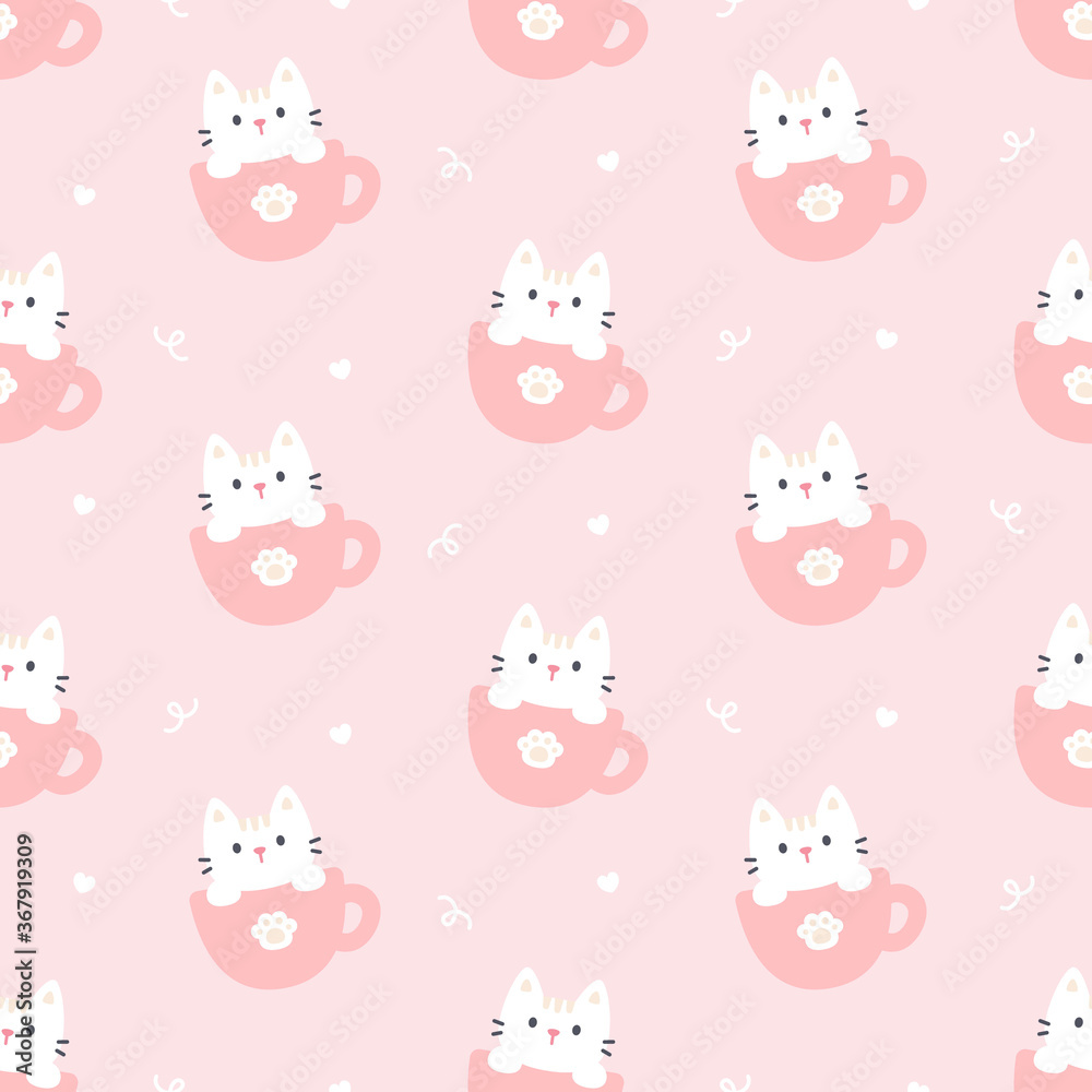 Cute cat in a cup of coffee seamless pattern background