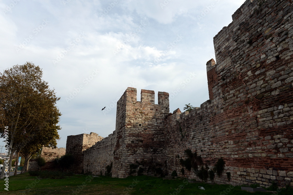 Blachernae section of the old fortress walls in Istanbul. Turkey