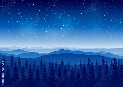 Mountain scene with coniferous forest on starry sky background - night horizontal landscape for poster and banner design