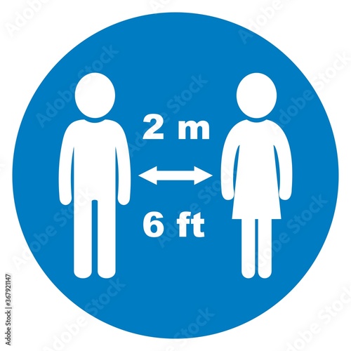 Keep safe distance, white silhouette of person at blue circle frame, vector sign 