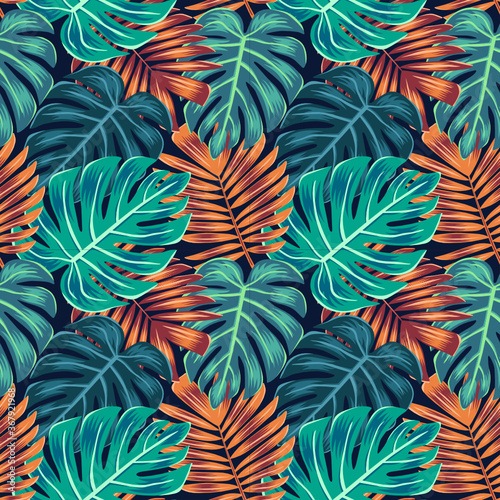monstera and palm leaves seamless pattern nature background