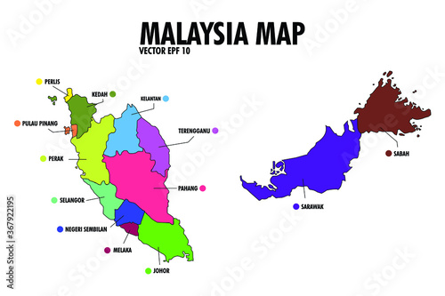 Map of Malaysia with the states colored in bright colors with tagging name
