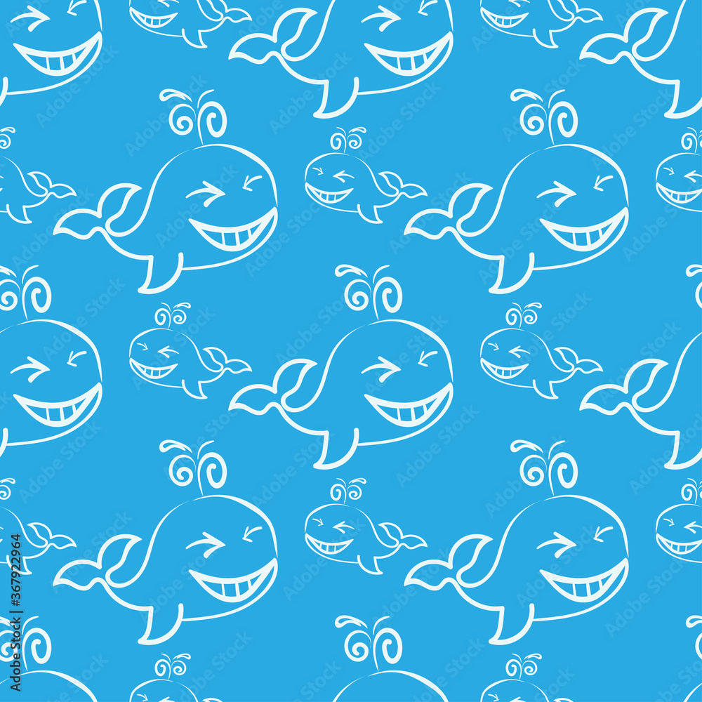 Blue seamless pattern with cute fish whales, vector