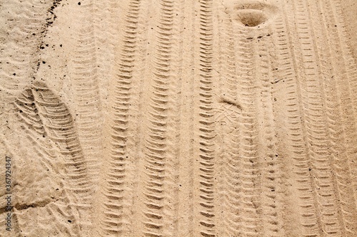 Traces of car wheels in the sand.