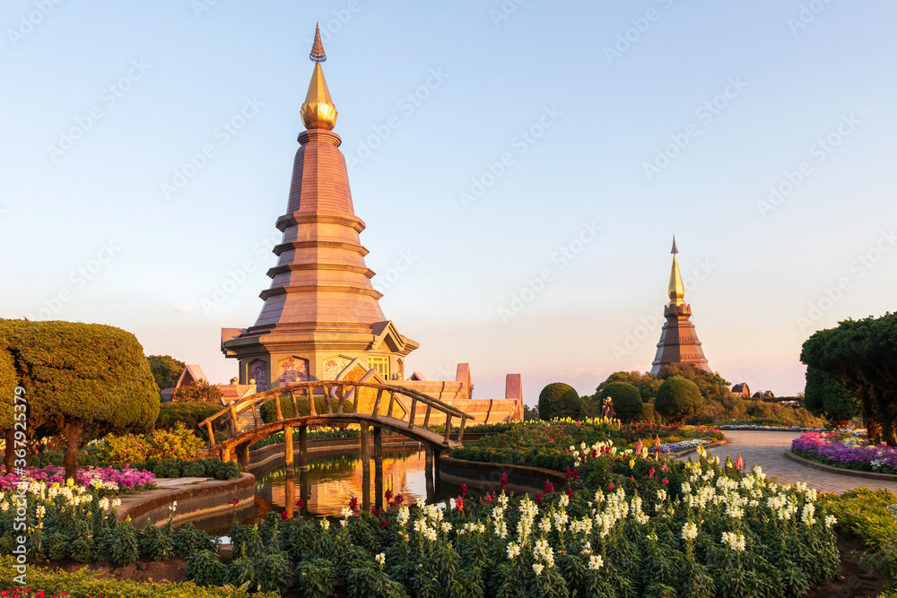 The Great Holy Relics Pagoda Nabhamethanidol and Nabhapolbhumisiri with beautiful sunset sky background at Doi Inthanon Chiang Mai, Thailand.