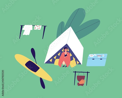 Active woman relaxing at camping tent after kayaking day vector flat illustration. Female drink hot beverage, cooking food on campfire, enjoy summer vacation. Tourist person during outdoor leisure