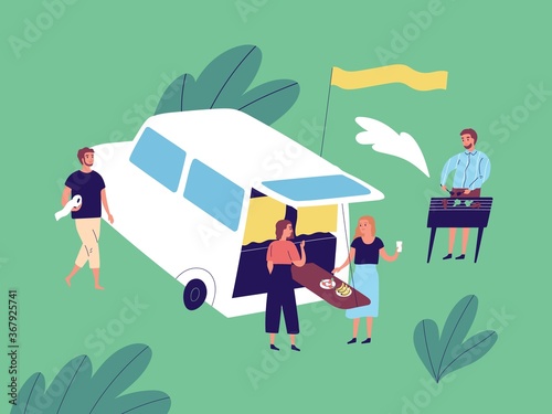 Group of happy friends enjoying outdoor picnic at camping car vector flat ill...