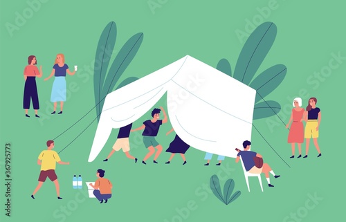 Group of people having fun and relaxing at open air party vector flat illustration. Man and woman dancing in tent, playing guitar, walking and talking each other. Campers spending time outdoor