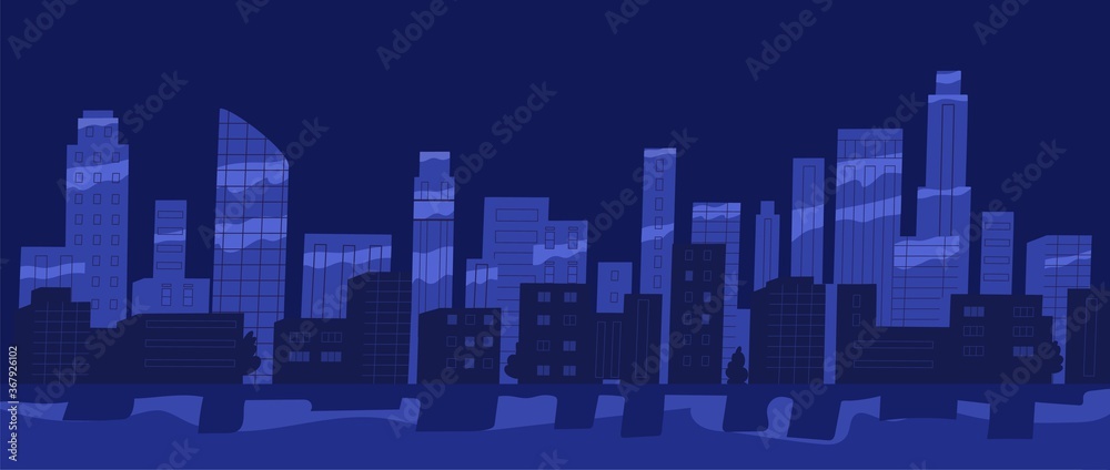 Panorama of night city vector flat illustration. View of cityscape with skyscrapers, buildings and pond. Urban landscape of modern megapolis in dark. Silhouette of exterior construction Panorama of night city vector flat illustration. View of cityscape with skyscrapers, buildings and pond. Urban landscape of modern megapolis in dark. Silhouette of exterior construction