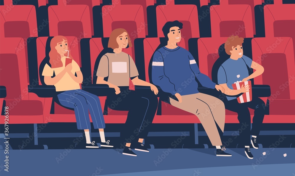 Happy family sitting at movie theater vector flat illustration. Parents and children drinking beverage and eating popcorn in empty cinema hall. Smiling people watch interest film in chairs - obrazy, fototapety, plakaty 