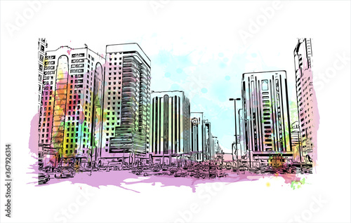 Building view with landmark of Abu Dhabi, the capital of the United Arab Emirates. Watercolor splash with hand drawn sketch illustration in vector.