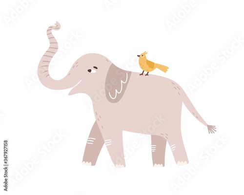 Cute childish gray elephant raising up trunk vector flat illustration. Little amusing bird sitting on back of huge wild animal isolated on white. Funny cartoon characters friends walking together