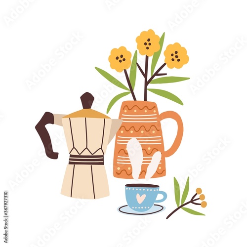 Hand drawn morning composition with coffee and flowers vector flat illustration. Cute bouquet in vase with hot beverage in cup isolated. Fragrance drink in mug decorated by flower and design element