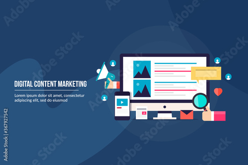 Digital marketing and content marketing service. Creating content and promotion, publication on web portal, content seo increase web traffic, social media, email and mobile content strategy concept. 